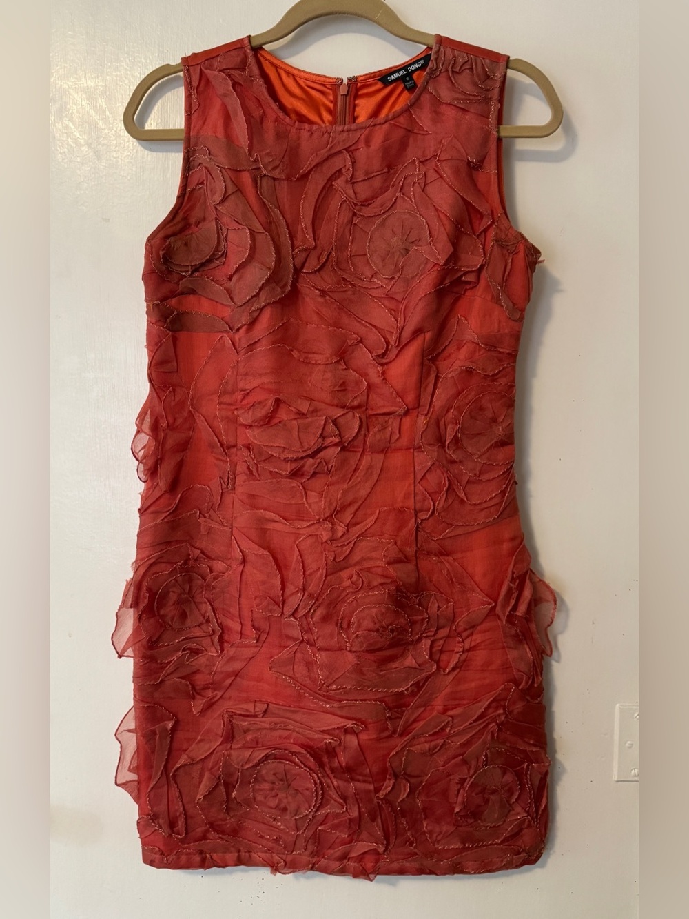 Samuel Dong Red Sleeveless Mini Dress with Floral Appliqué